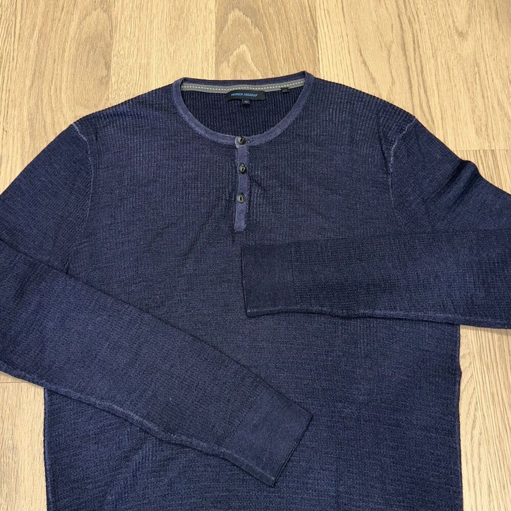 Patrick Assaraf Merino Wool Henley Sweater Navy Blue Waffle Knit Mens XL